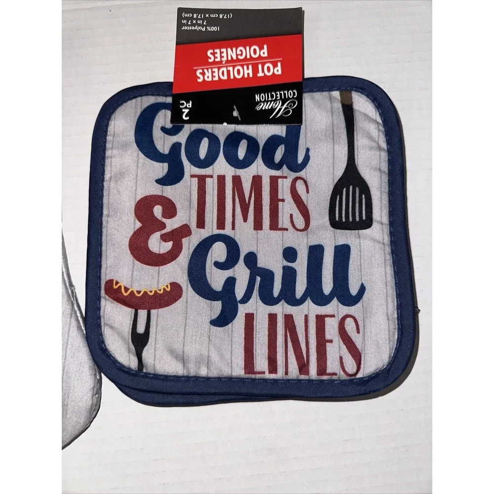 Home Collection Good Times & Grill Lines Oven Mitt and Pot Holders BBQ Set Gray